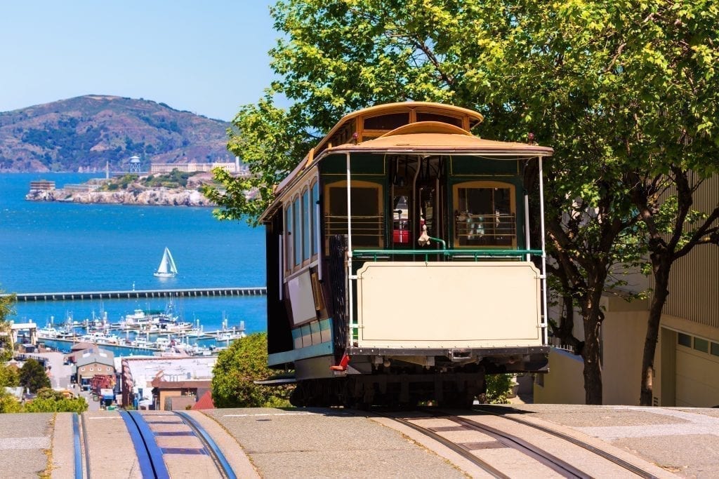 加州旧金山海德街缆车，背景是大海——在旧金山3天的行程中，乘坐缆车是一种有趣的游览方式