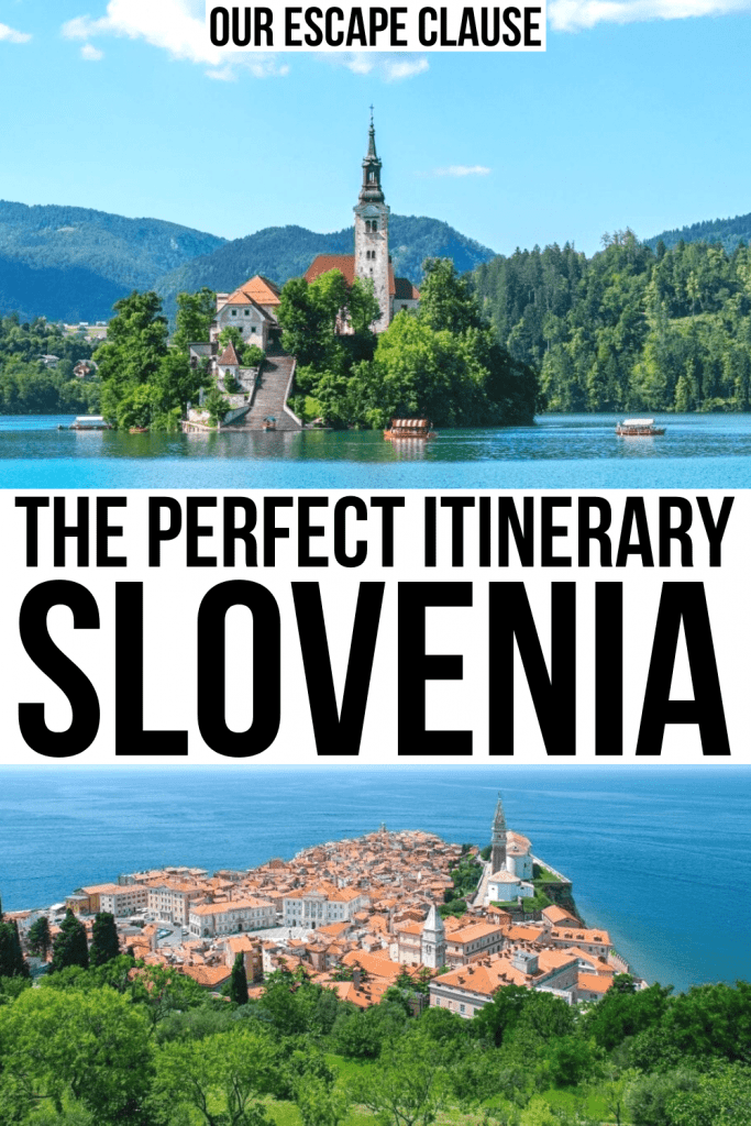 斯洛文尼亚的2张照片:上面是布莱德湖，下面是皮兰湖。白底黑字写着“斯洛文尼亚的完美旅程”
