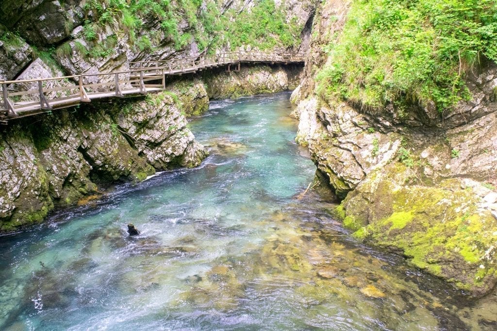 斯洛文尼亚的Vintgar峡谷，照片左侧可见木板路