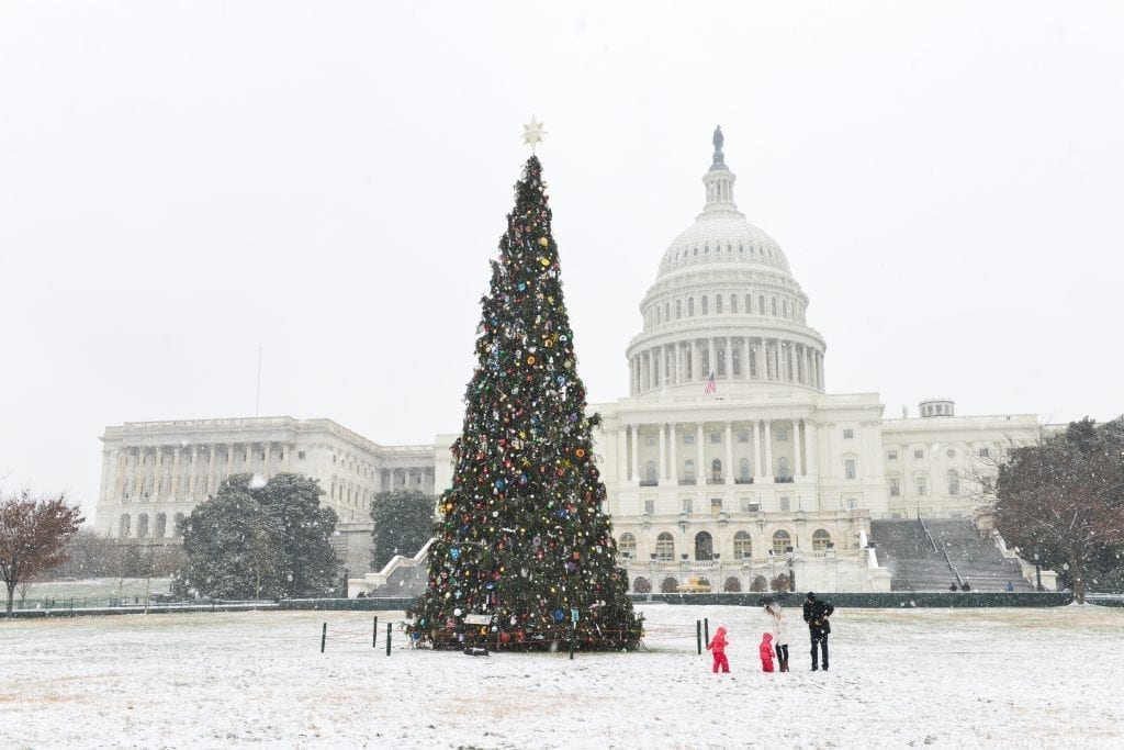 美国国会大厦前有一棵圣诞树。地面上覆盖着雪。华盛顿特区是美国最好的圣诞之旅之一