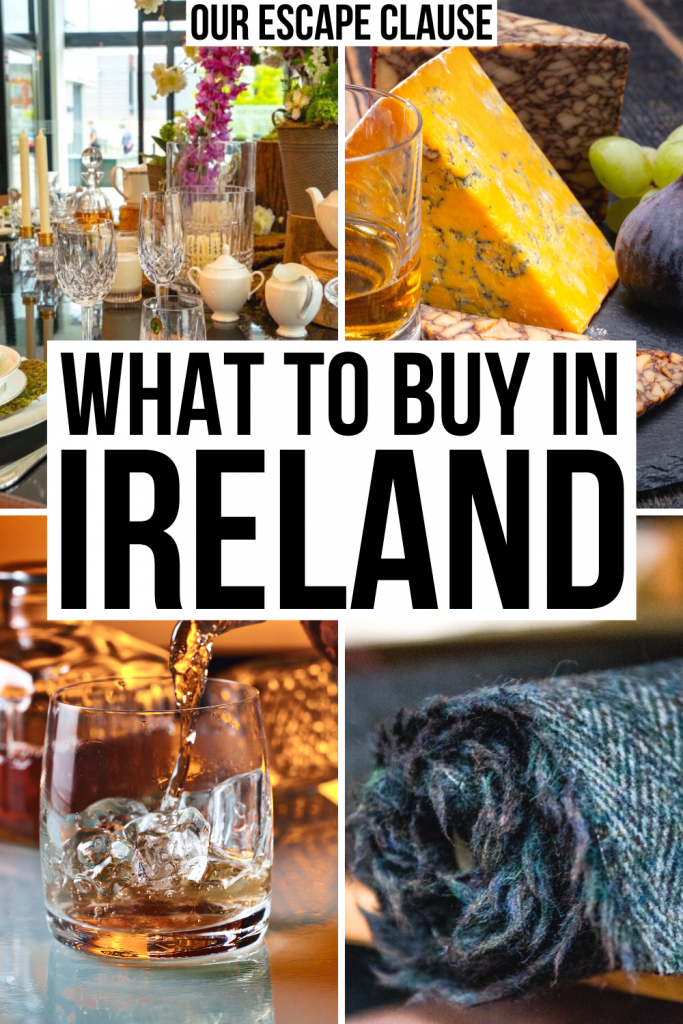 4张爱尔兰纪念品的照片:沃特福德水晶、奶酪、威士忌和粗花呢。白底黑字写着“在爱尔兰买什么”