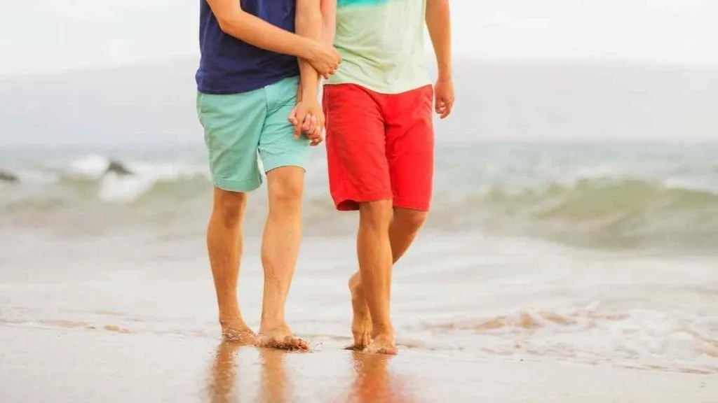 特拉华州的贵宾犬海滩上，从腰部以下可以看到两名男子手牵着手。左边的人穿着蓝色的泳衣，右边的人穿着红色的泳衣。