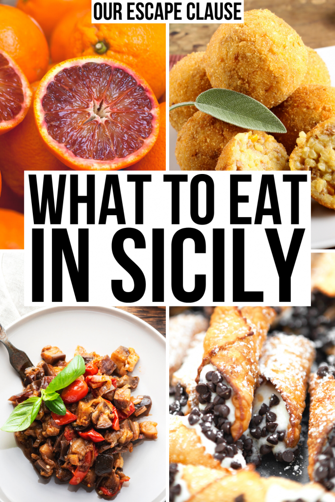 4张西西里食物的照片:橙子，意大利香肠，卡波纳塔，奶油卷饼。白底黑字写着“西西里吃什么”