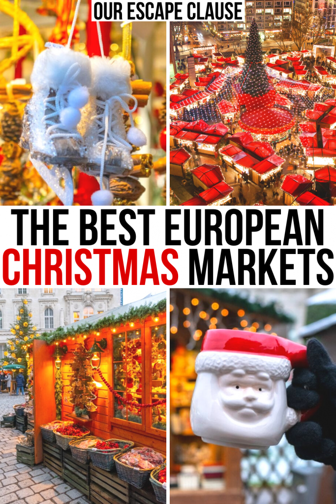 欧洲圣诞市场的4张照片，中间白底黑红的文字写着“欧洲最好的圣诞市场”。