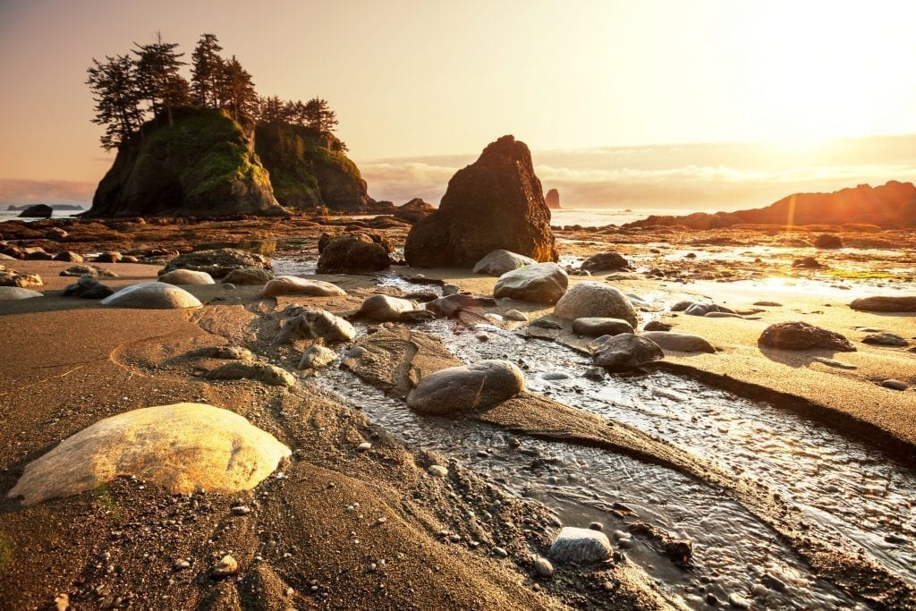 Rocky Beach in Olympic National Park washington at sunset, a fantastic view along a west coast usa road trip destination