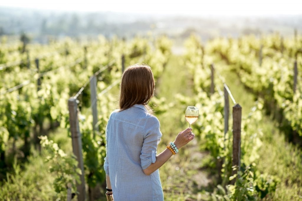 在法国的葡萄园里，一名年轻女子背对着镜头，手持酒杯。葡萄酒之旅是巴黎一日游的绝佳选择