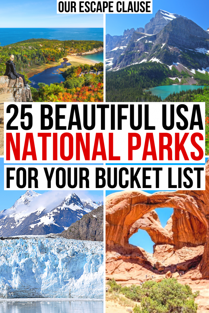 美国最好的国家公园的4张照片:阿卡迪亚，冰川，冰川湾，和拱门。白色背景上黑红相间的文字写着“你的遗愿清单上的25个美丽的美国国家公园”