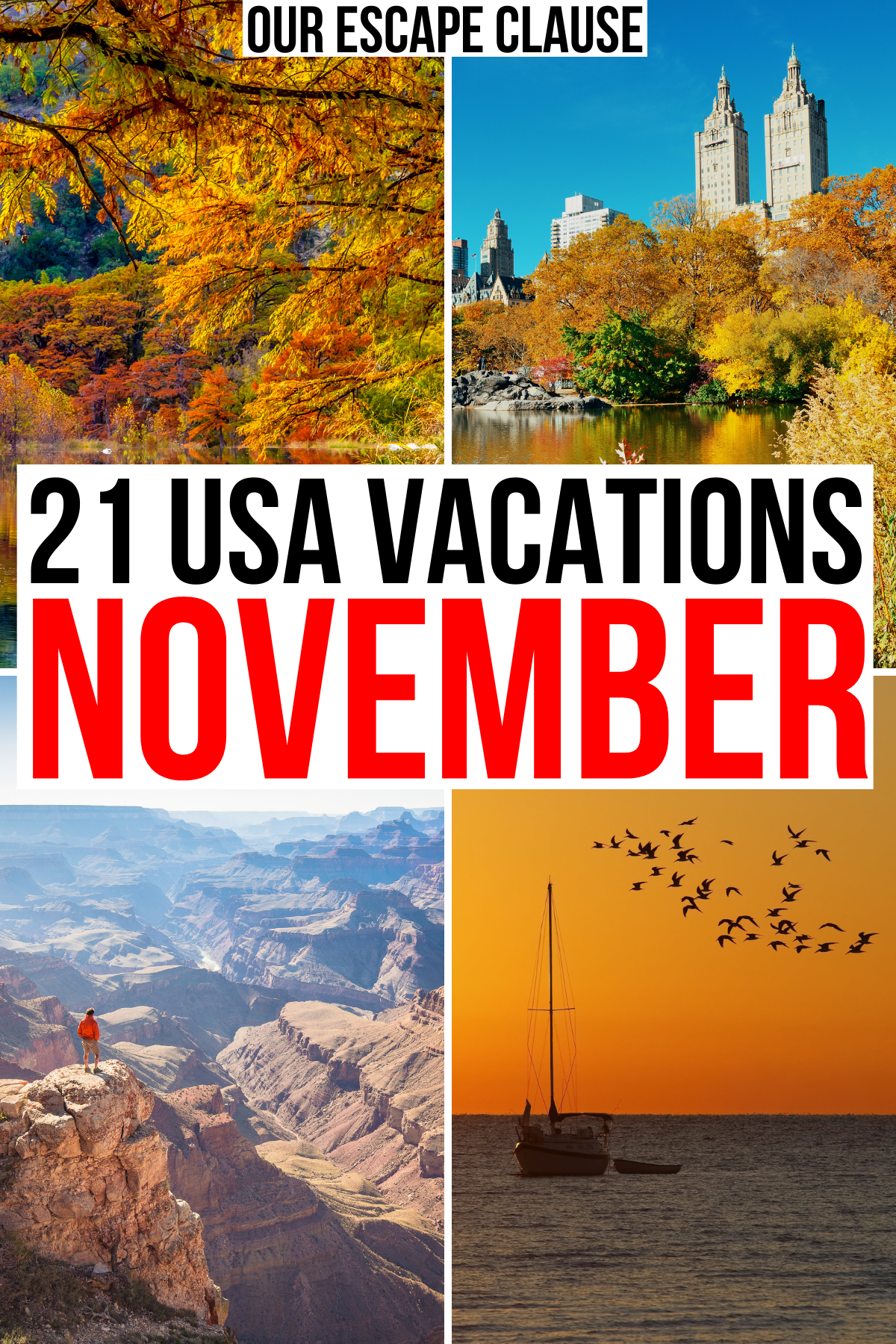 11月美国旅游目的地的4张照片，必威体育官方登录有树叶、海滩和城市。黑红相间的白底文字写着“11月21日美国假期”