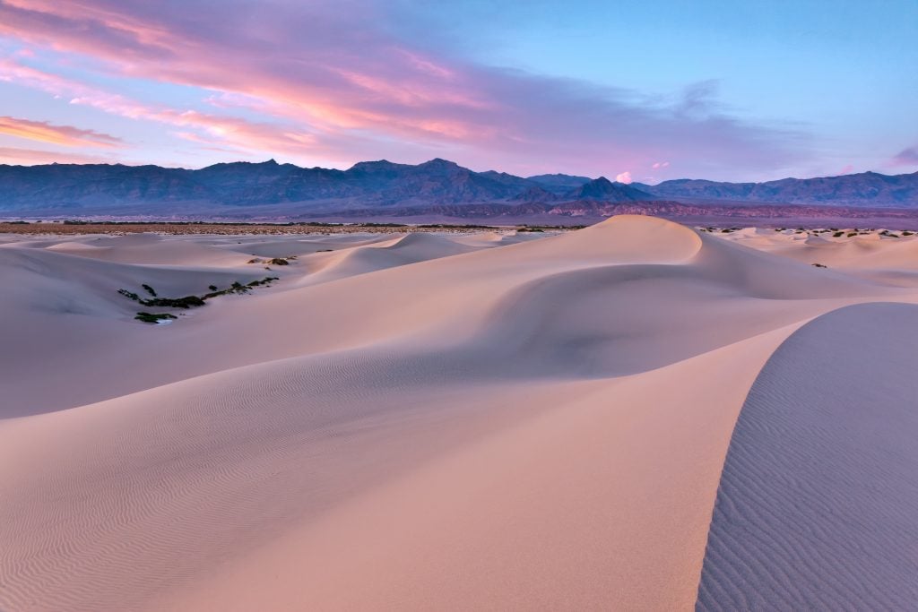 mesquite dunes in death valley national park during a pink sunrise