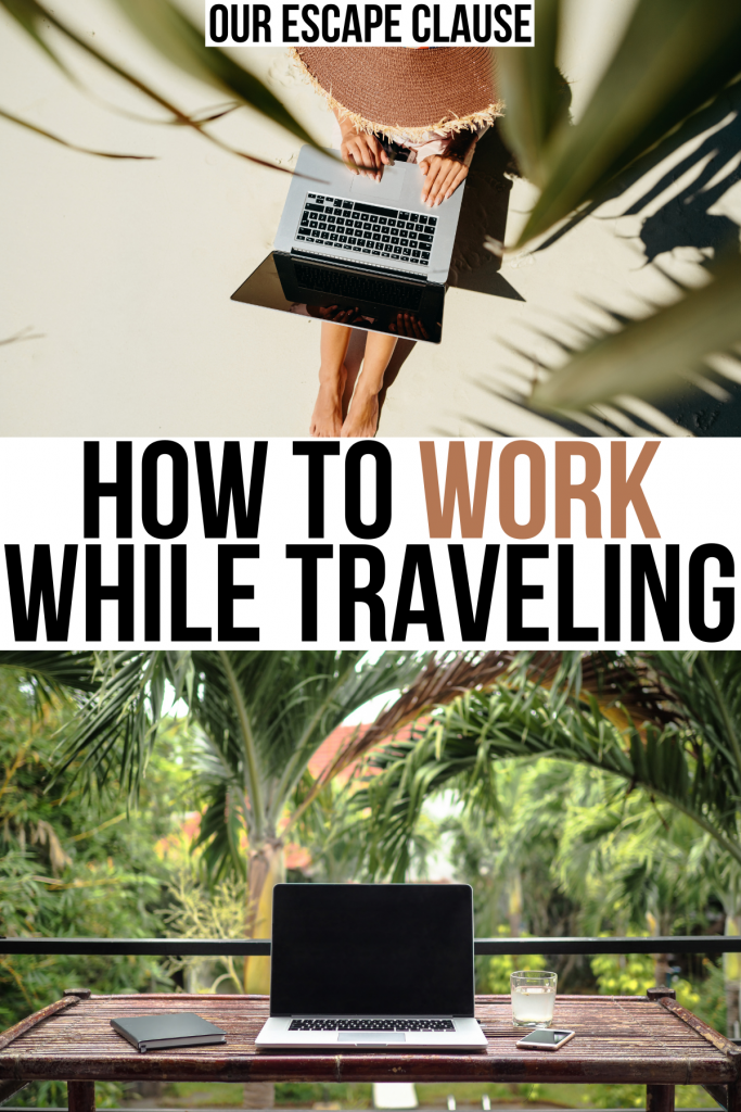 两张数字游牧笔记本电脑的照片，白色背景上黑褐色的文字写着“如何边旅行边工作”。必威体育官方登录
