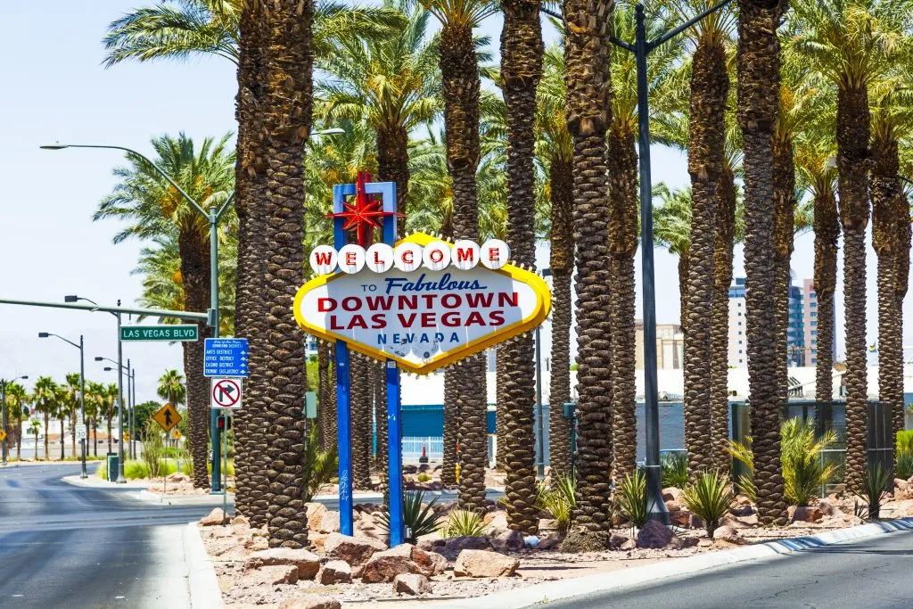 欢迎来到拉斯维加斯市中心的标志，周围环绕着棕榈树，位于路边