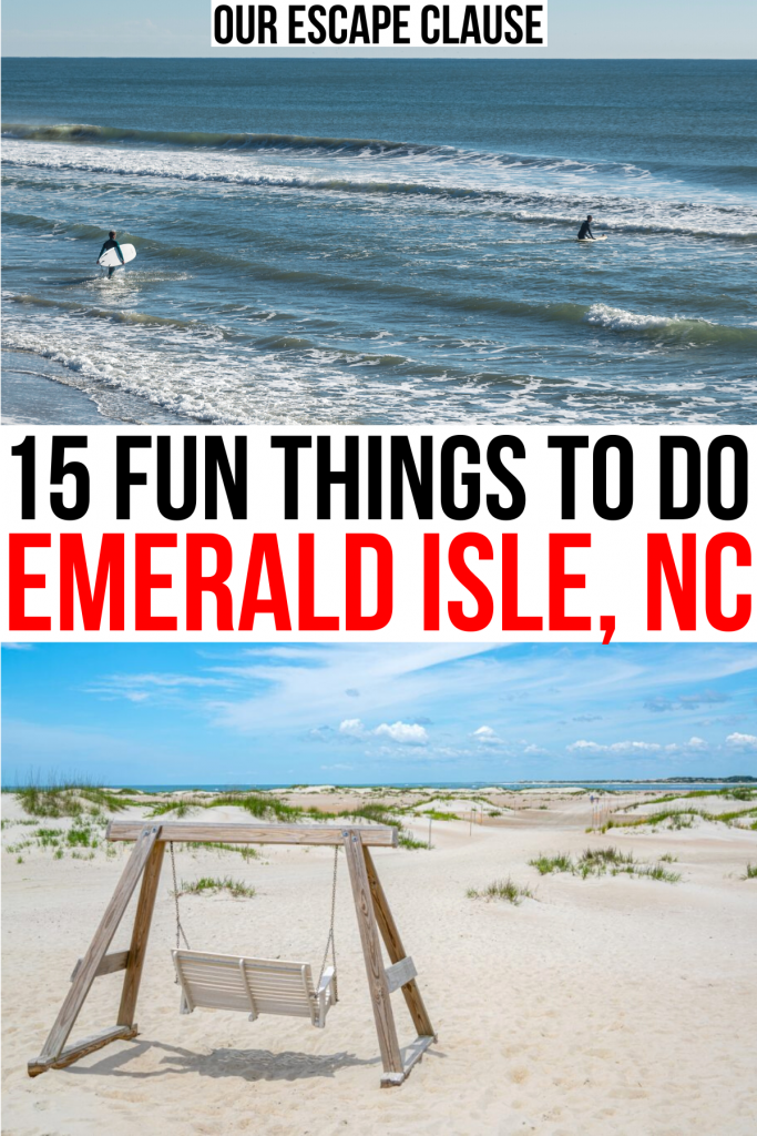 祖母绿岛海滩的2张照片，黑色和红色的文字写着“15件有趣的事情做祖母绿岛nc”