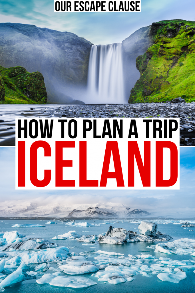 冰岛的两张照片，斯科加福斯和冰川泻湖。黑色和红色的文字写着“如何计划冰岛之旅”