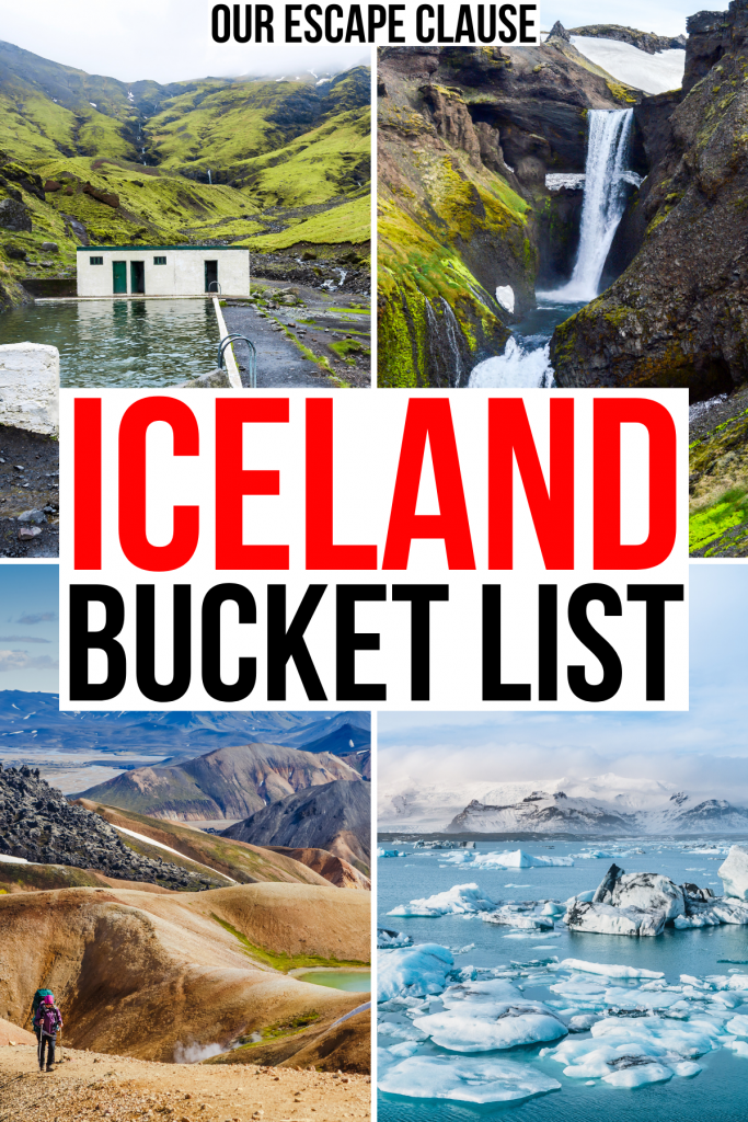 4张冰岛的照片，包括温泉瀑布徒步旅行，红色和黑色的文字写着“冰岛的愿望清单”