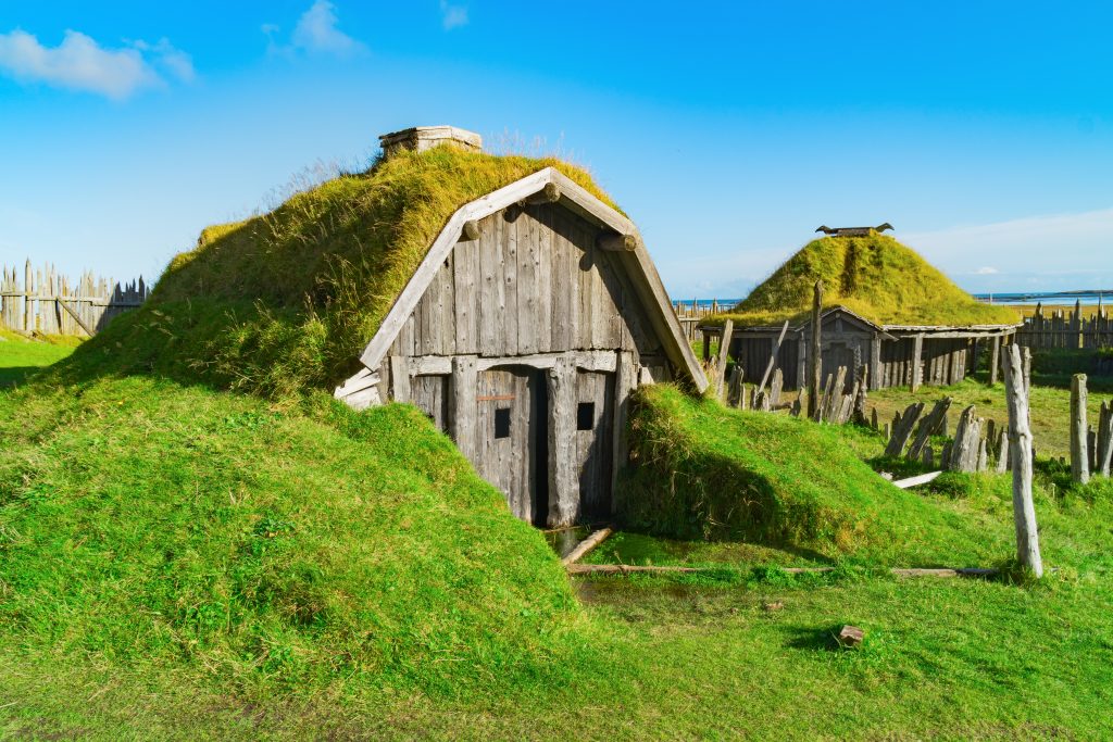 在冰岛，阳光明媚的日子里，带草屋顶的木制维京风格房屋