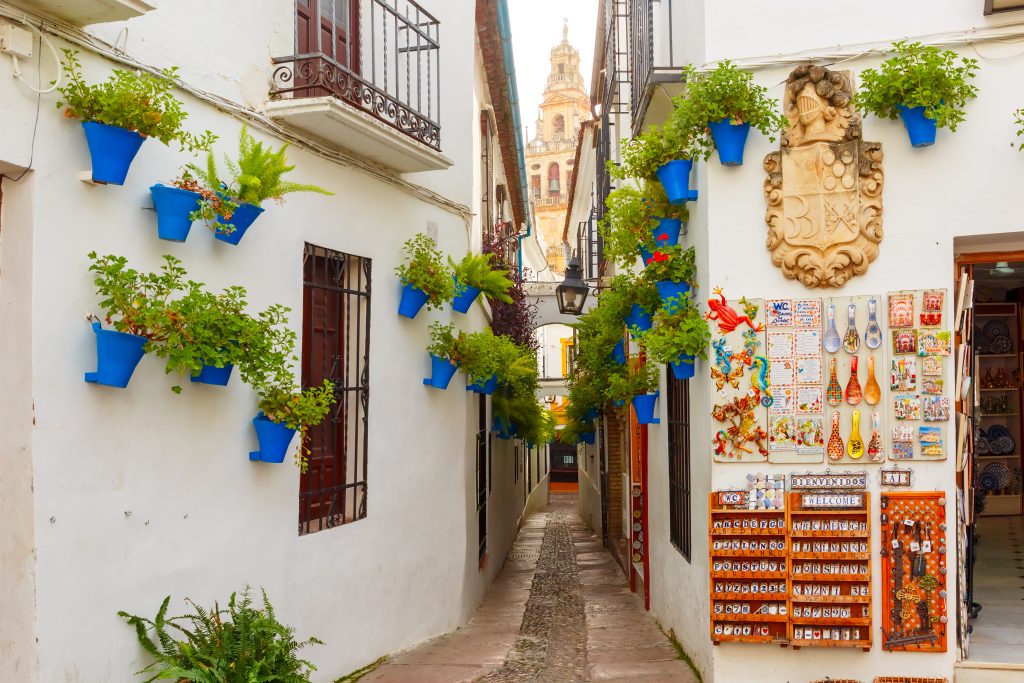 西班牙科尔多瓦的Calleja de las flores与蓝色花盆