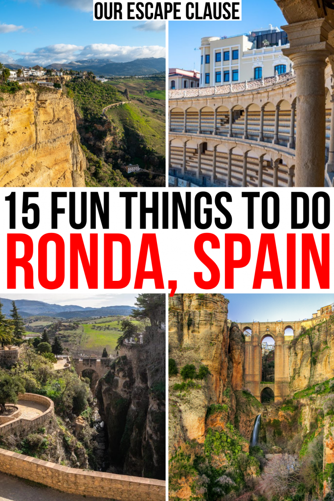 4张隆达景点的照片在网格中，黑色和红色的文字写着“15件隆达西班牙有趣的事情”