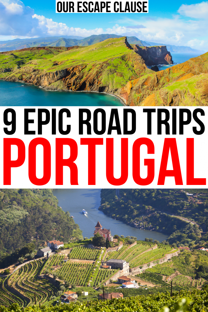 葡萄牙的两张照片，马德拉和杜罗山谷，黑色和红色的文字写着“9次史诗般的葡萄牙公路之旅”