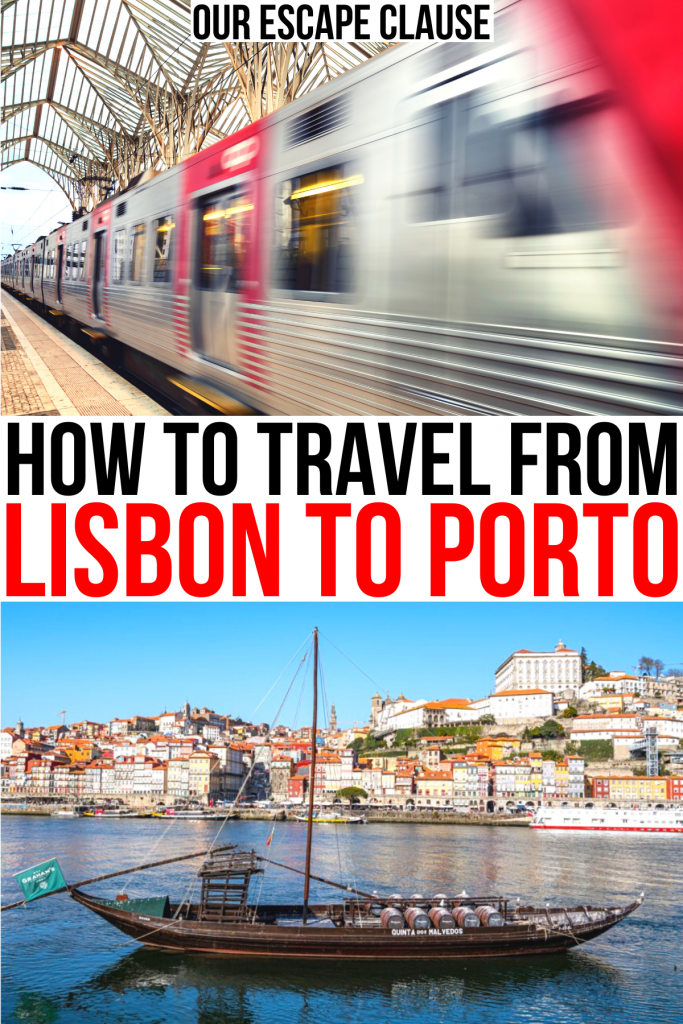 葡萄牙火车和波尔图的天际线照片，黑色和红色的文字写着“如何从里斯本到波尔图”必威体育官方登录
