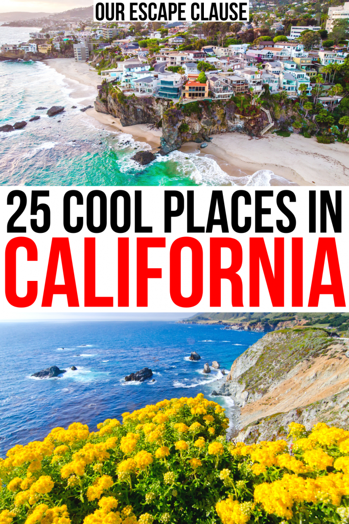 2张加州度假胜地的照片，拉古纳海滩和pch。黑色和红色的文字是“加州25个很酷的地方”