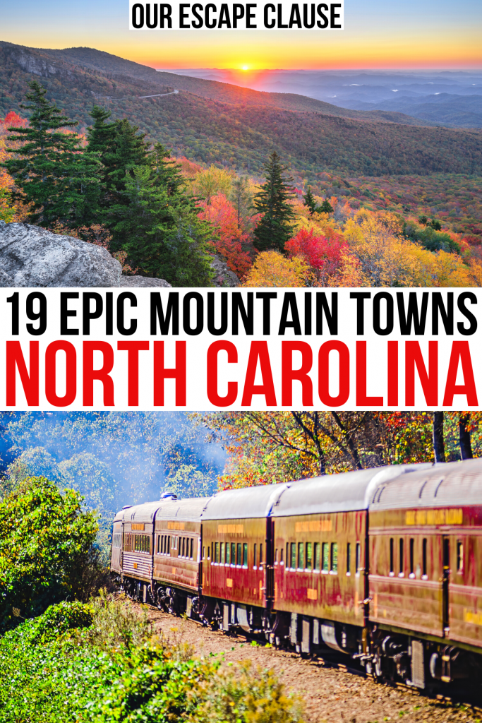 2张nc山，日落和铁路的照片。黑色和红色的文字是“北卡罗来纳州19个史诗般的山城”