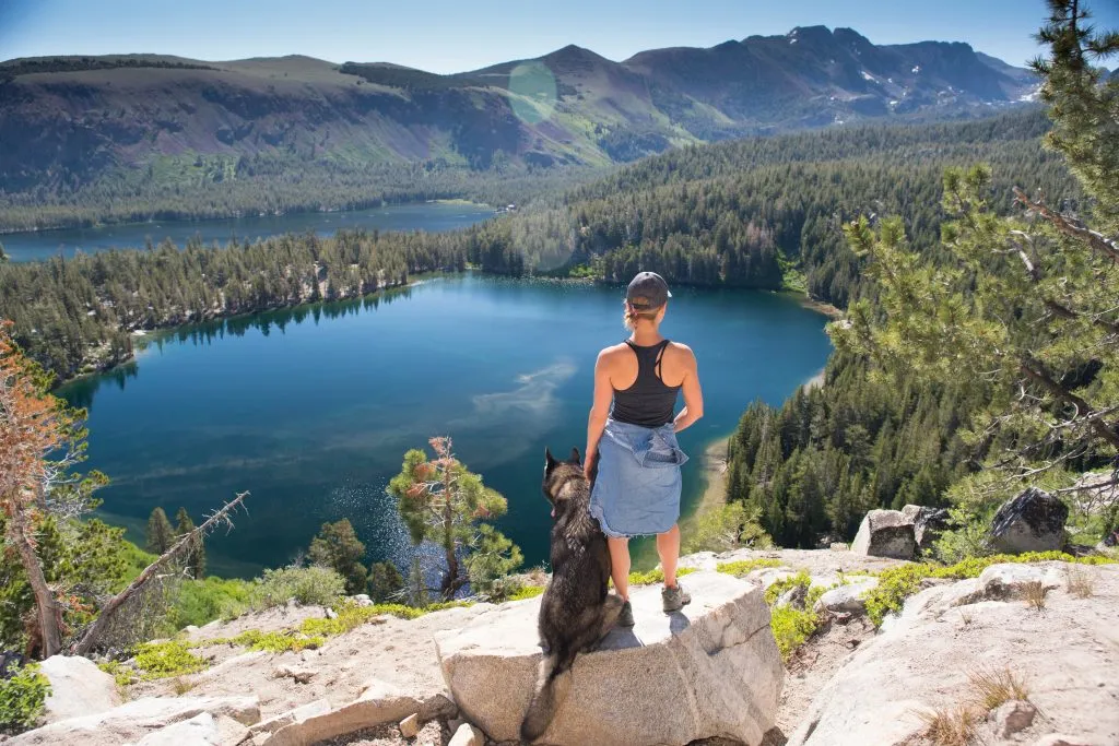 一位女士带着她的狗狗在度假胜地徒步旅行时俯瞰着湖泊