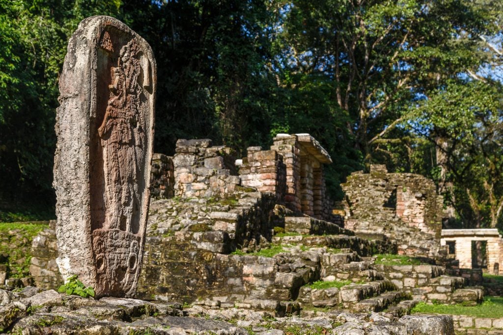墨西哥亚克斯奇兰遗址，左侧有一座雕像