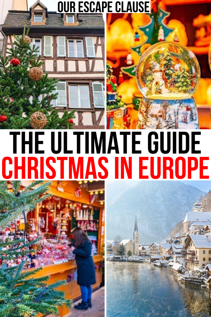 4张欧洲圣诞活动的照片，包括市场，黑色和红色的文字写着“欧洲圣诞的终极指南”