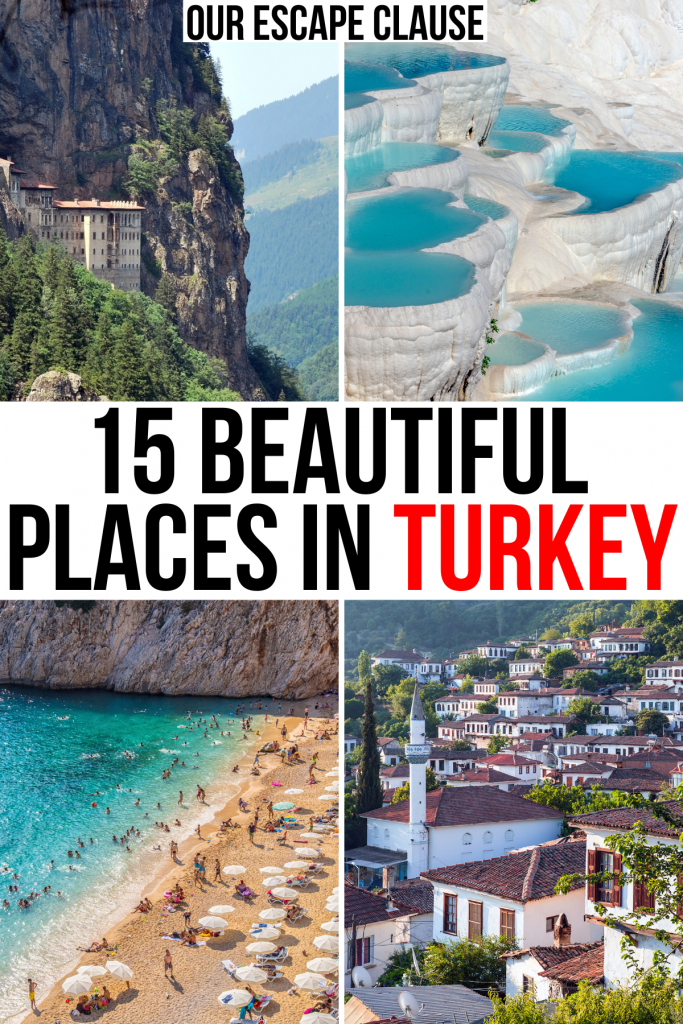 土耳其最好的旅游景点的4张照片，修道院，海滩，pamukkale和村庄。黑色和红色的文字写着“土耳其的15个美丽的地方”