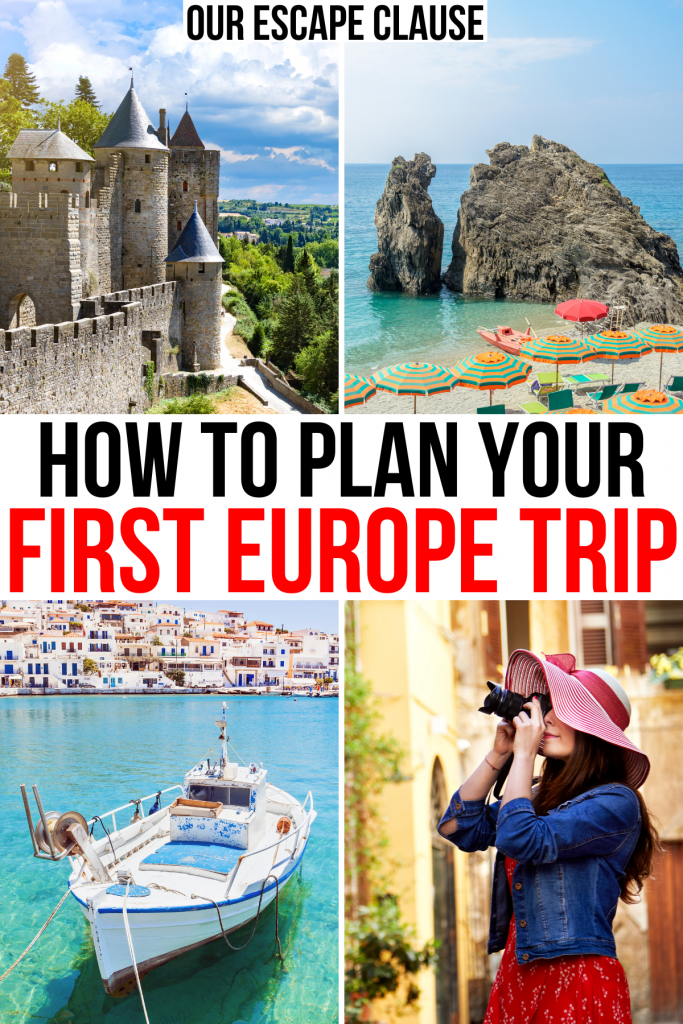 欧洲的4张照片:法国城堡，五渔村，希腊海滩，女人观光。黑色和红色的文字写着“如何计划你的第一次欧洲之旅”