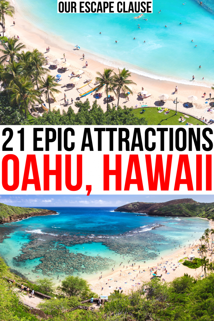 两张在瓦胡岛游玩的照片，威基基海滩和一个海湾，黑色和红色的文字写着“夏威夷瓦胡岛的21个史诗景点”。