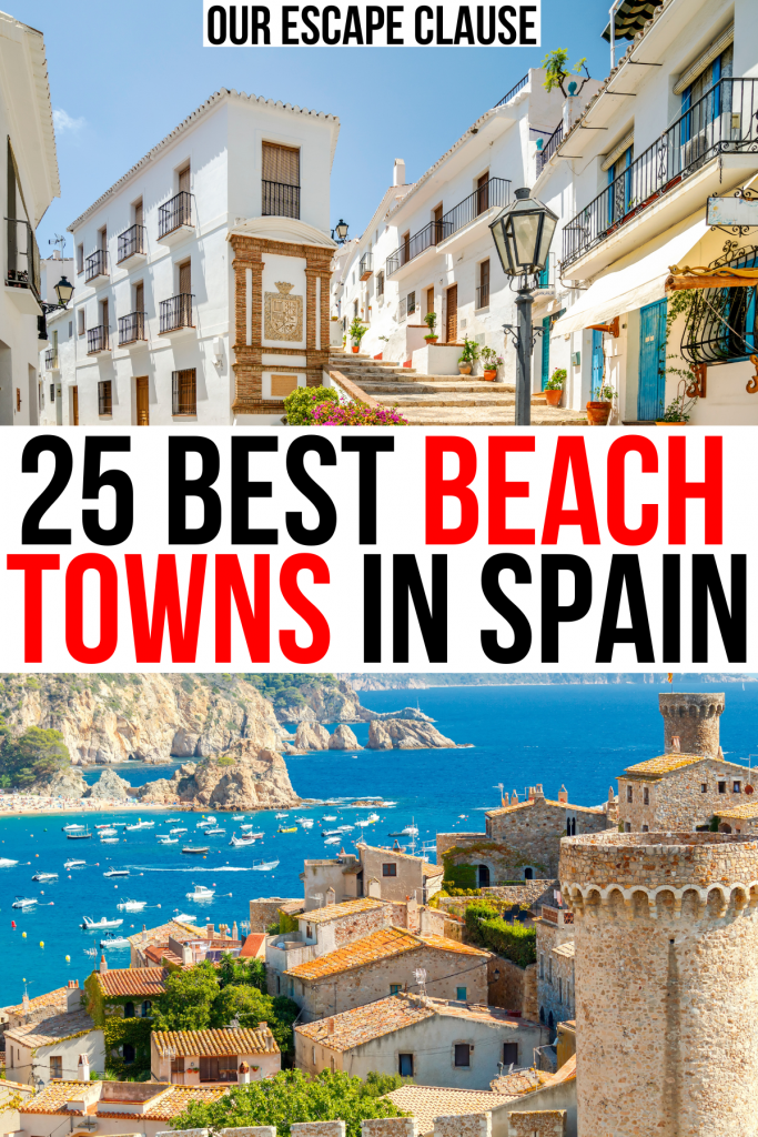 2张西班牙沿海城镇，历史中心和城堡的照片。黑色和红色的文字是“西班牙25个最佳海滩小镇”