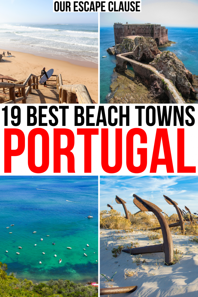 4张葡萄牙海滨小镇的照片，黑色和红色的文字写着“葡萄牙19个最佳海滨小镇”