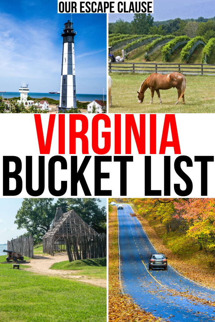 4张弗吉尼亚州美丽地方的照片，灯塔，农场，詹姆斯敦，树叶。红黑字写着