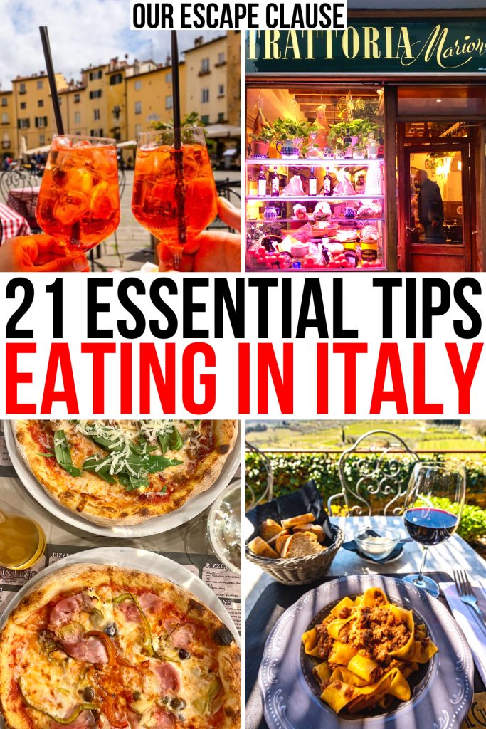 4张意大利餐厅用餐的照片，黑色和红色的文字写着“在意大利吃饭的21个必要小贴士”