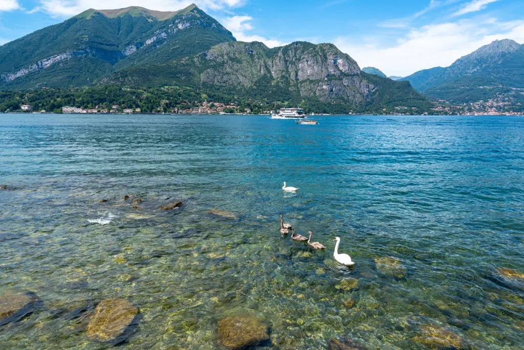 在意大利科莫湖岸附近，游泳者正在远离摄像机