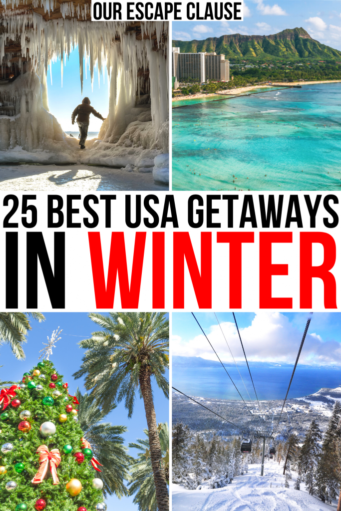 4张美国寒假的照片:威斯康辛，夏威夷，佛罗里达，加利福尼亚。黑色和红色的文字写着“美国冬季最佳度假地25个”
