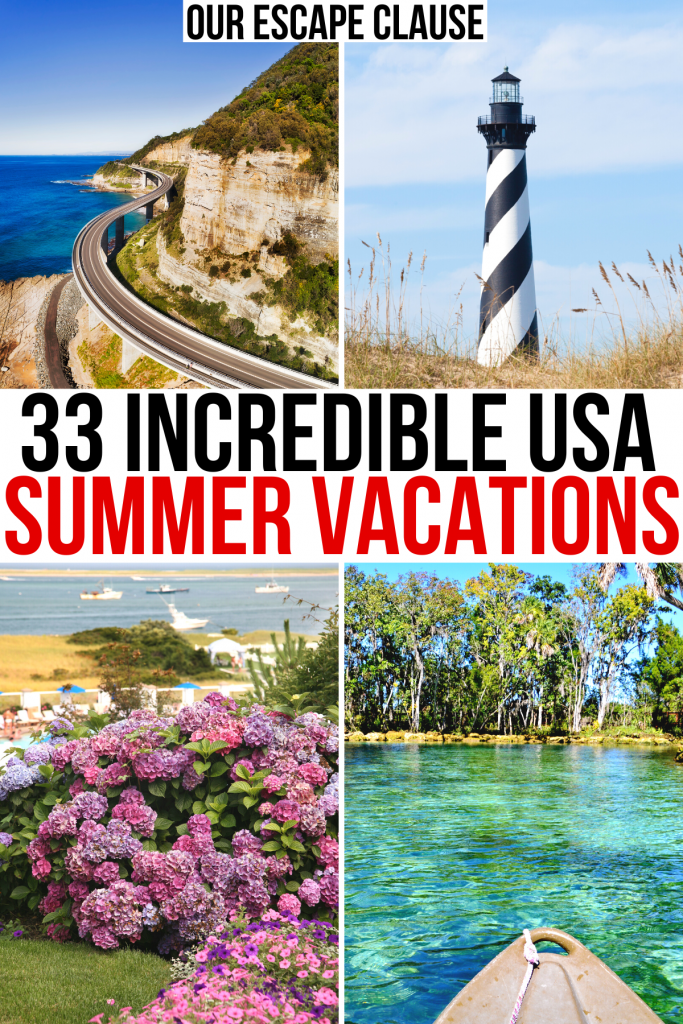 4张美国夏季旅游景点的照片，包括太平洋海岸高速公路，外滩，鳕鱼角。黑色和红色的文字写着“33个不可思议的美国暑假”