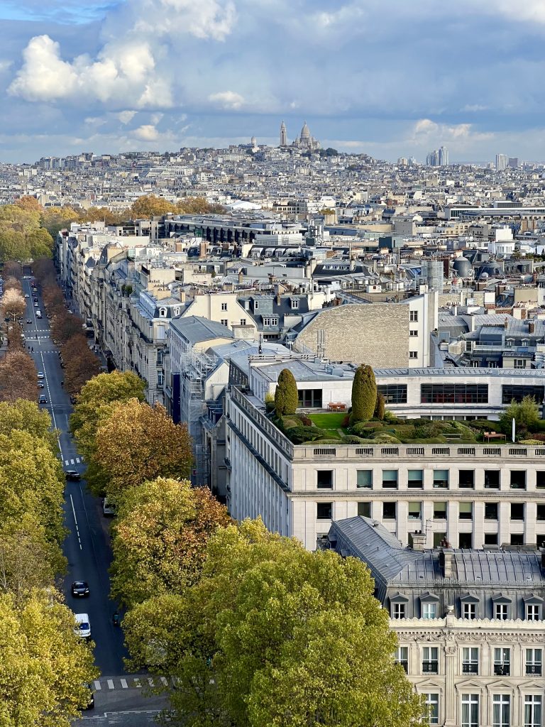 从凯旋门顶端俯瞰巴黎，远处是蒙马特高地
