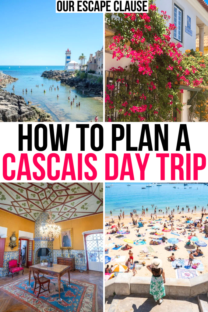 葡萄牙卡斯凯伊斯灯塔建筑和海滩4张照片。黑色和粉色的文字写着“如何计划cascais一日游”