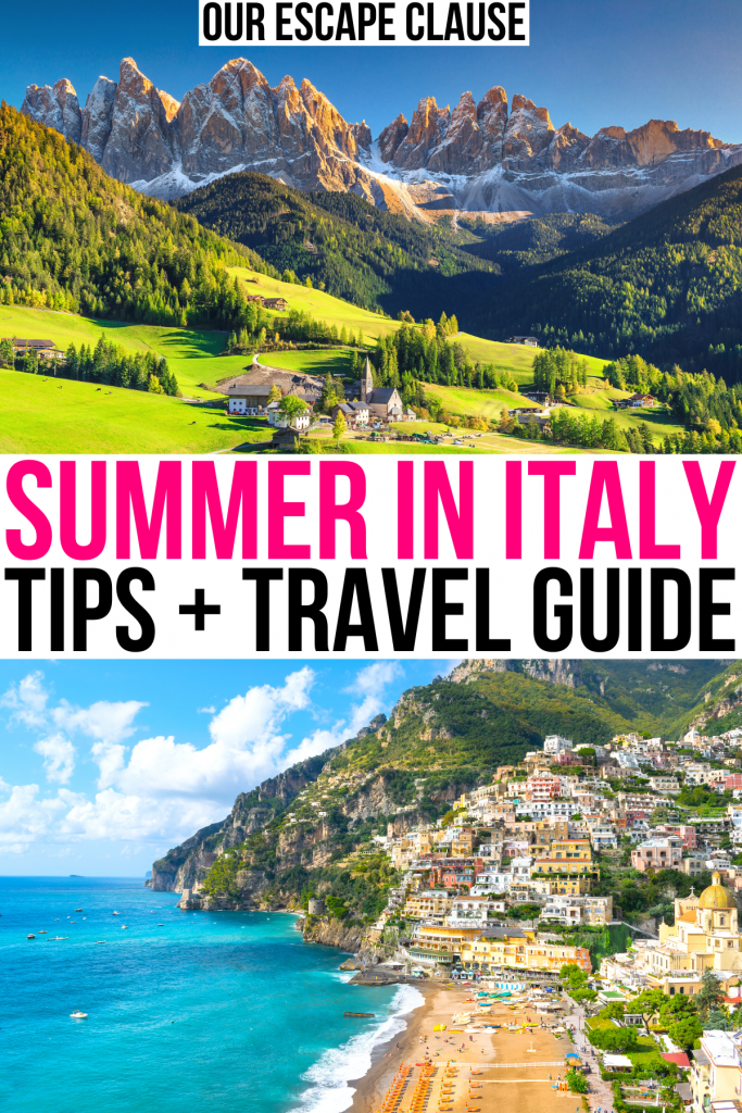 2张意大利夏季景点的照片，白云石和阿马尔菲海岸。粉色和黑色的文字写着“夏日意大利旅游攻略”必威体育官方登录