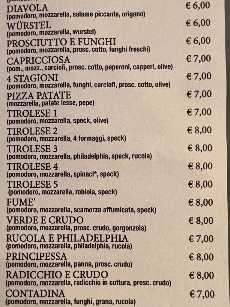 意大利披萨店菜单的一部分